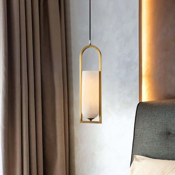 Orleni pendant light with alabaster shade, ideal for bedside lighting in mid century modern decor.