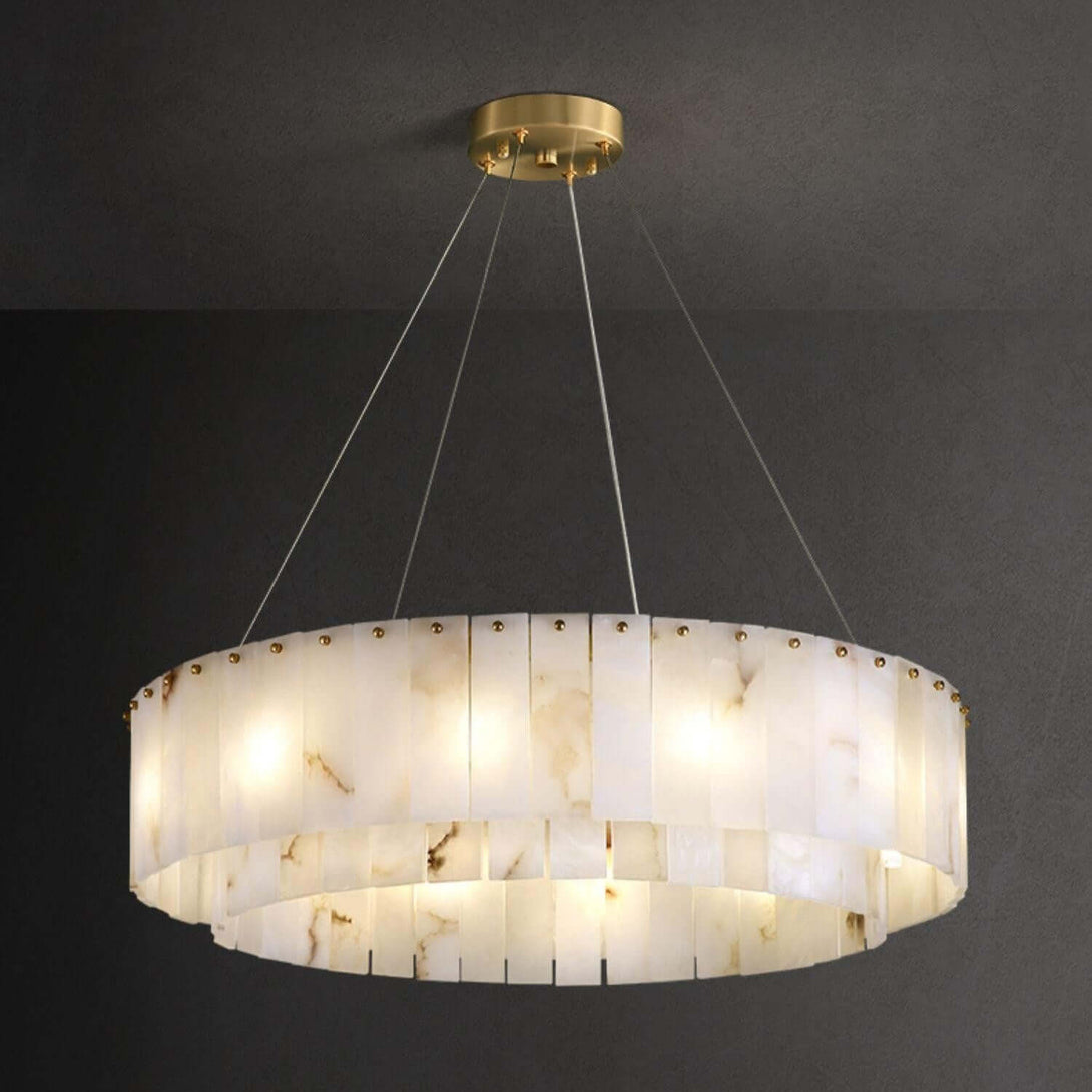 Elegant alabaster chandelier with gold accents, perfect for a Victorian-style home.