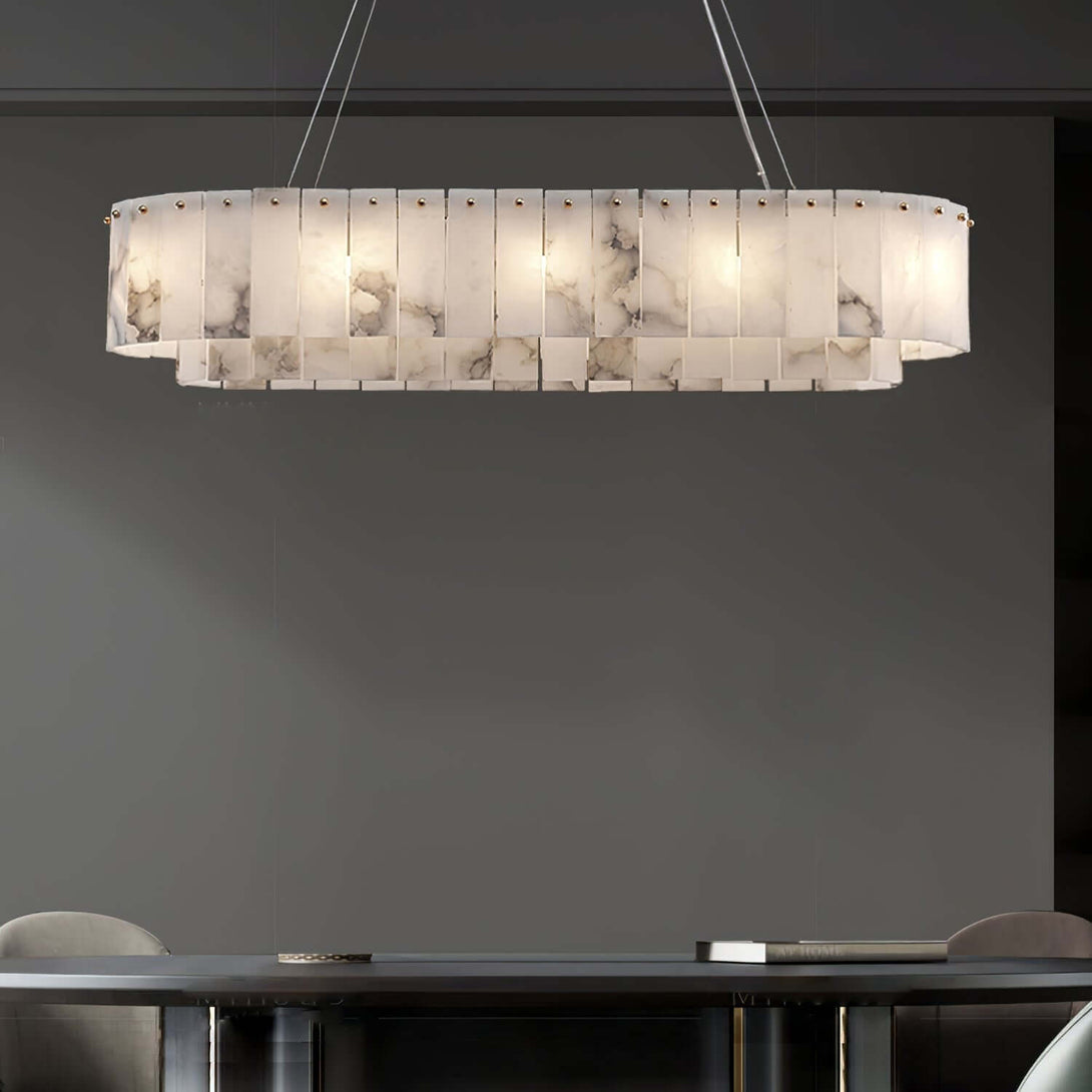 Elegant alabaster chandelier in a modern dining space, perfect for a Victorian touch with its white design.