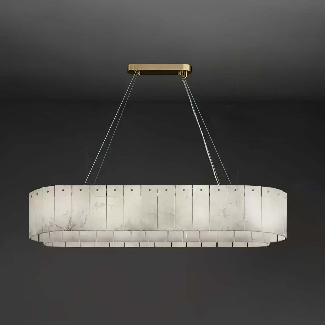 Solvani alabaster chandelier in long style with sleek gold accents, perfect for a modern Victorian decor.