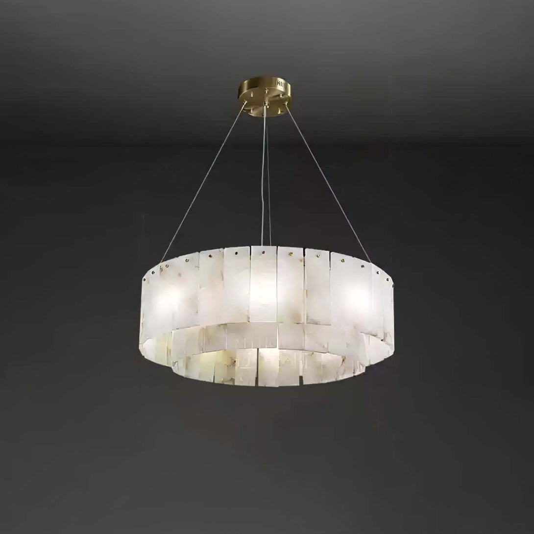 Solvani alabaster chandelier with a modern design, featuring two tiers and a sleek gold finish.
