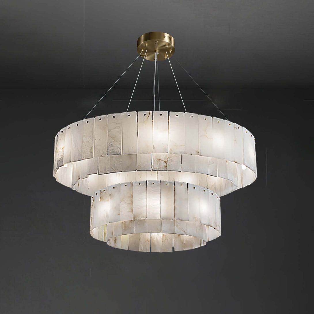 Elegant Solvani alabaster chandelier featuring two tiers and a brass finish, perfect for a Victorian-style decor.