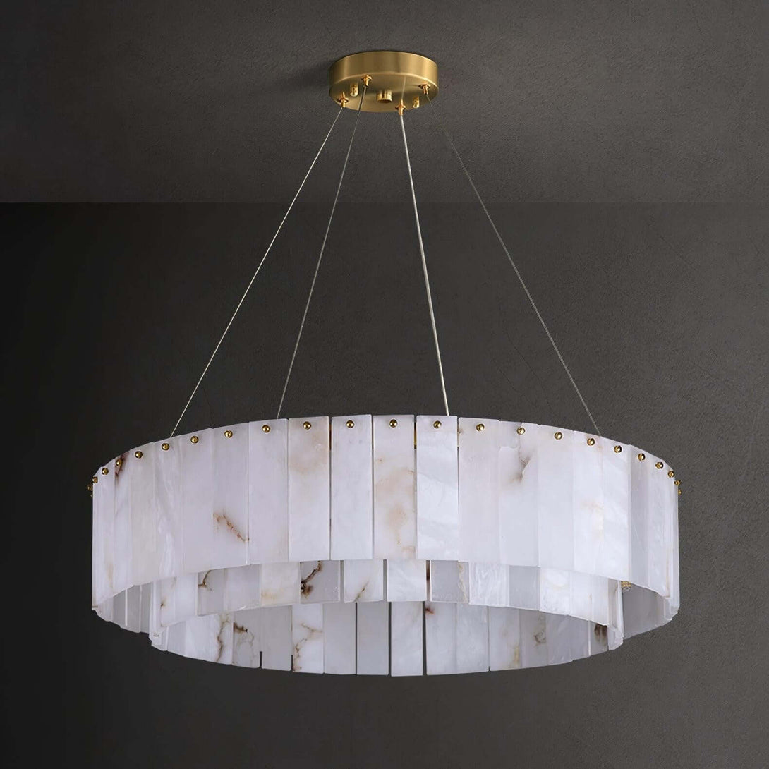 Elegant alabaster chandelier with gold accents, suspended in a modern setting, perfect for Victorian decor.