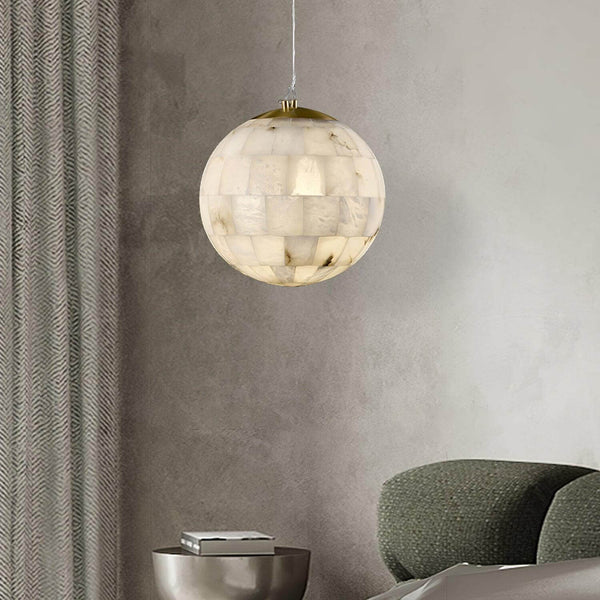 Zarqe pendant light featuring alabaster design, spherical shape, perfect for kitchen pendant light fixtures.