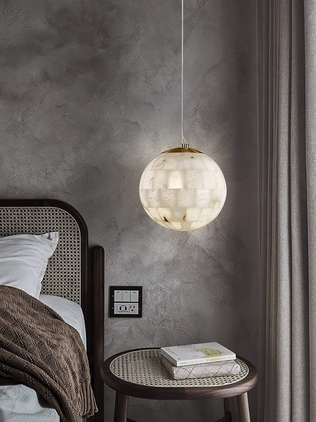 Zarqe Pendant Light, spherical alabaster pendant light, perfect for kitchen and bedroom lighting. Elegant design with soft glow.