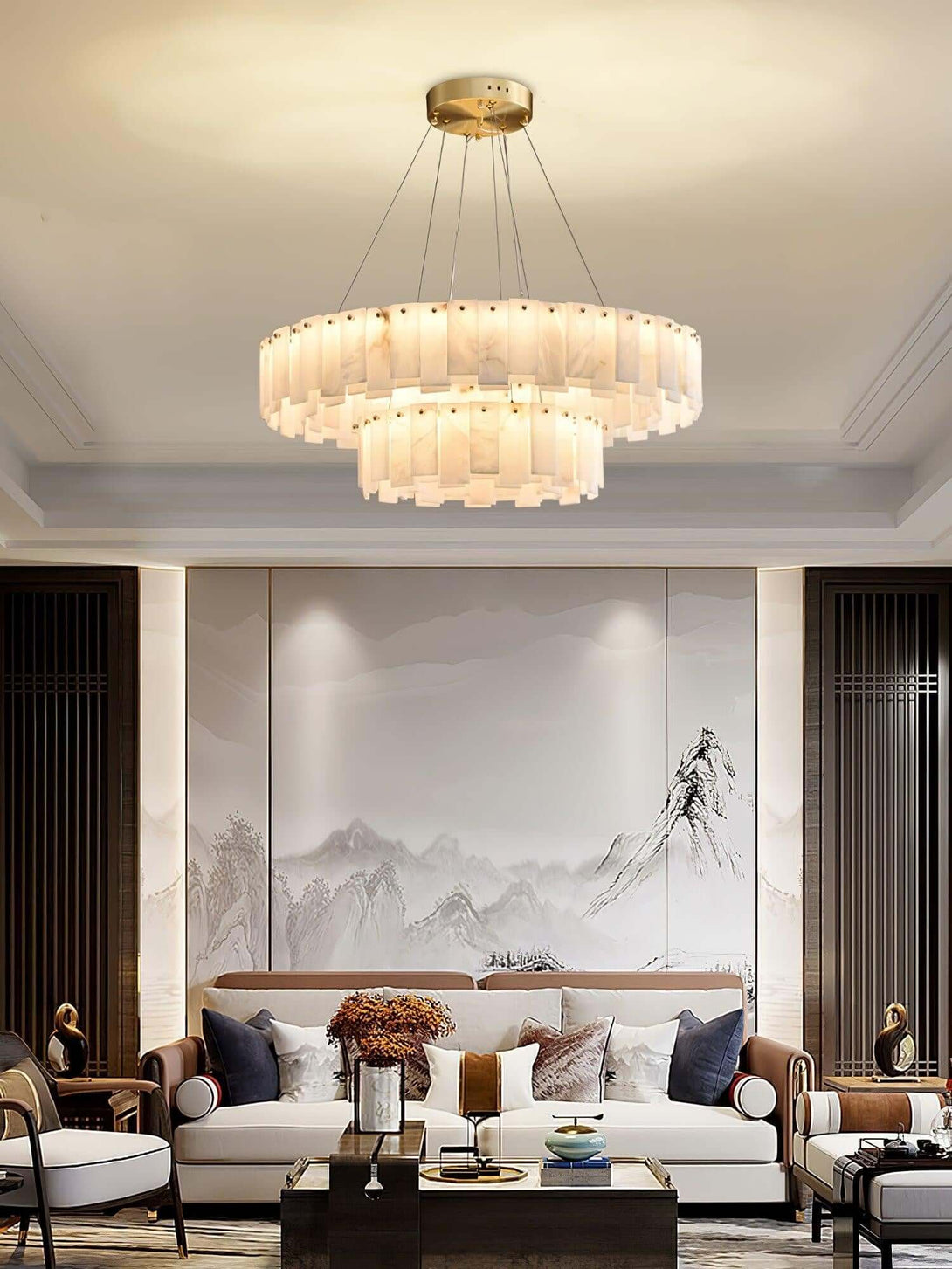 Zemora chandelier featuring alabaster design in a modern living room, showcasing mid century modern lighting elegance.