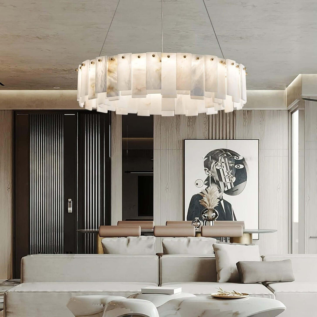 Zemora alabaster chandelier beautifully illuminating a modern living room with mid-century decor.