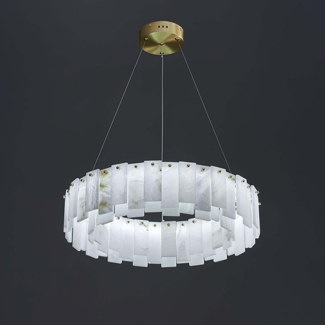 Zemora alabaster chandelier with a round design, showcasing mid-century modern lighting features against a dark background.