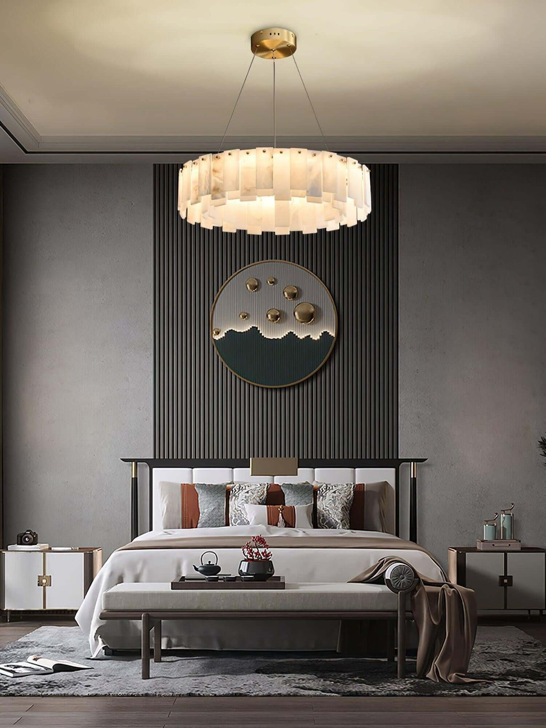 Zemora alabaster chandelier above a modern bed in a stylish bedroom setting, showcasing mid-century design.