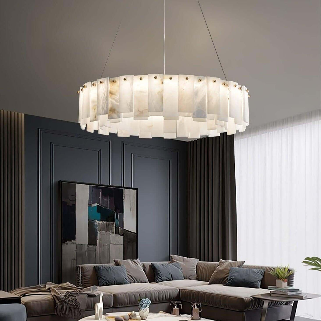 Zemora alabaster chandelier in a stylish living room, showcasing mid-century modern lighting in a round design.