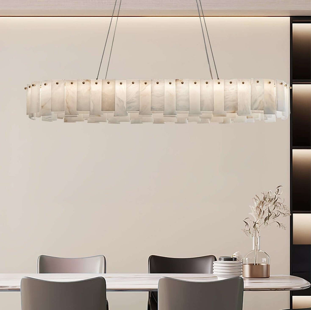 Zemora alabaster chandelier, mid-century modern round chandelier, enhancing dining area aesthetic.