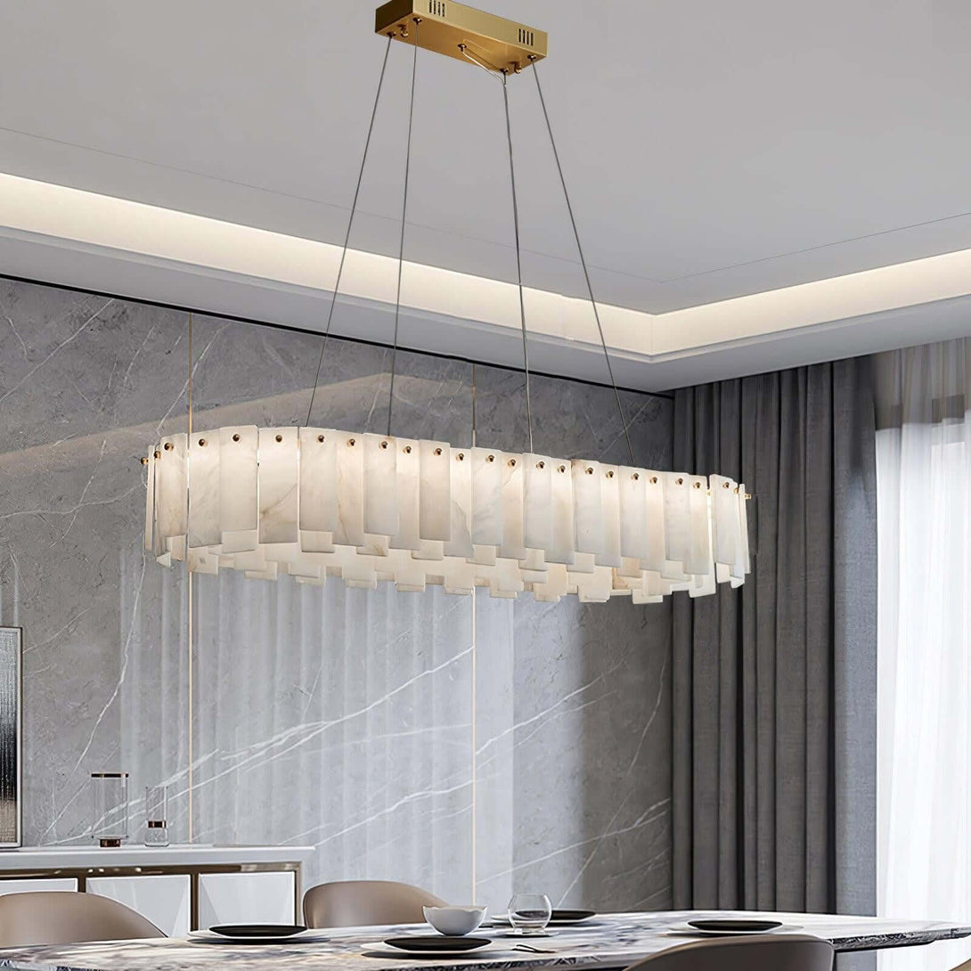 Zemora alabaster chandelier, round mid-century modern lighting, elegantly illuminating a stylish dining area.