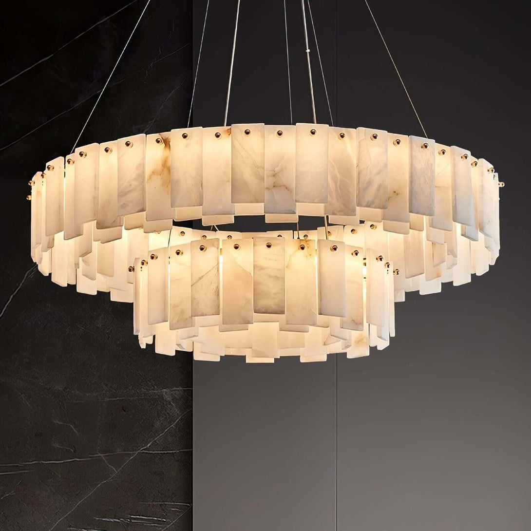 Zemora alabaster chandelier featuring two tiers, modern design, ideal for mid-century decor.