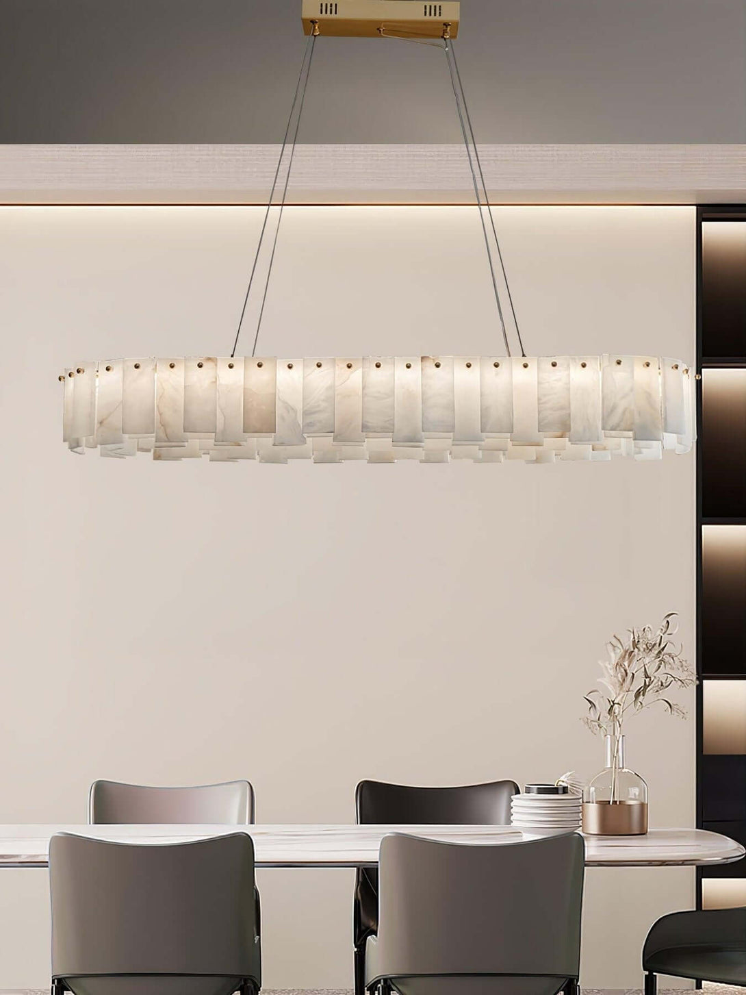 Zemora alabaster chandelier, round mid-century modern lighting over a dining table in a contemporary interior.