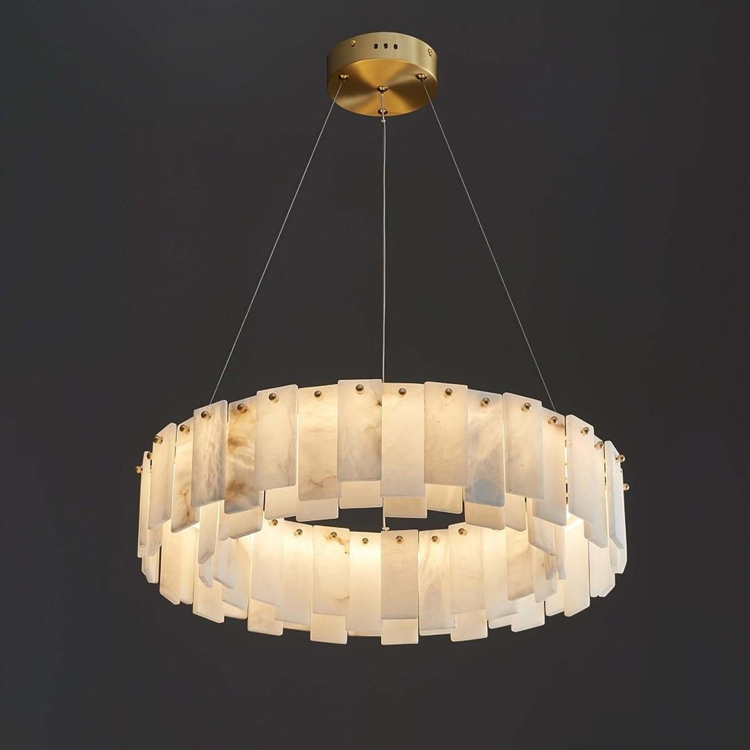 Zemora alabaster chandelier, round design, mid century modern lighting, elegant and stylish ceiling fixture.