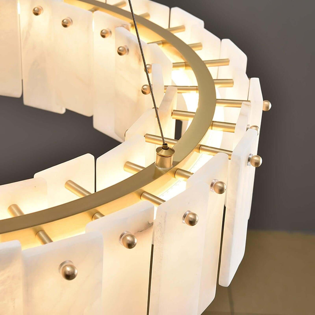 Zemora chandelier featuring alabaster panels and round gold frame, perfect for mid-century modern lighting decor.