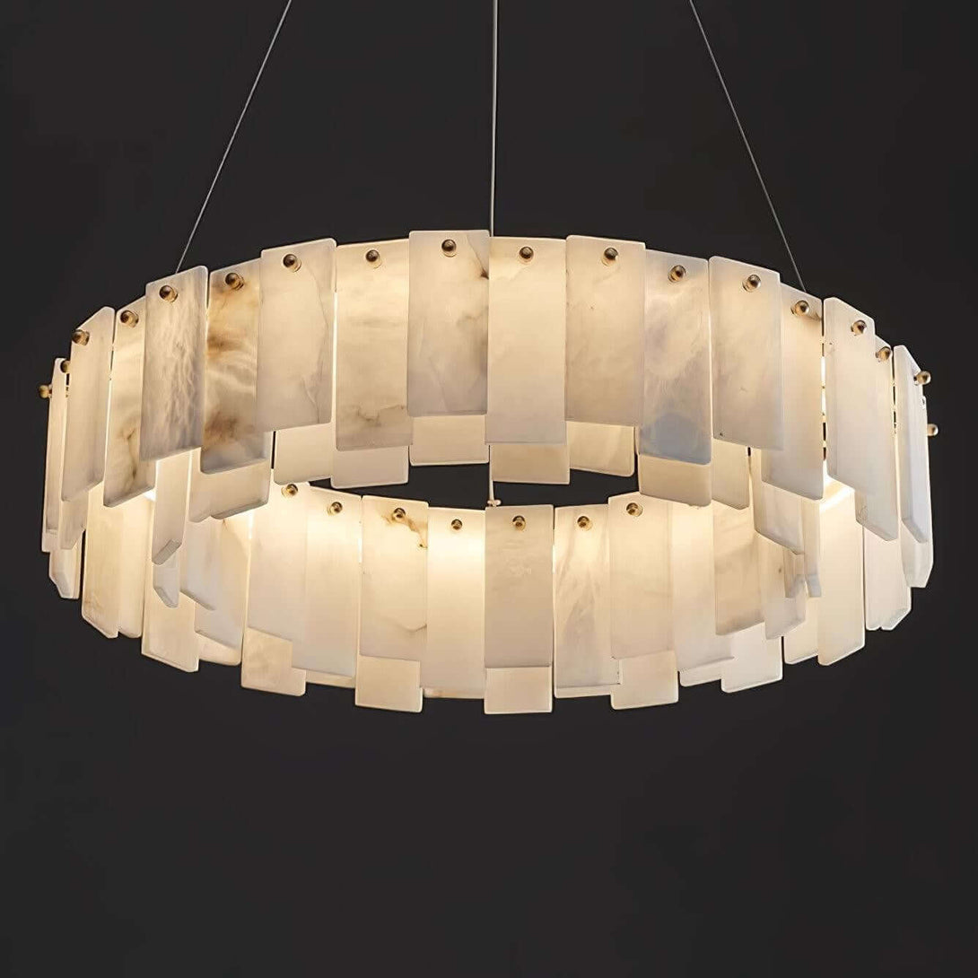 Zemora chandelier featuring alabaster panels in a round mid-century modern design, perfect for elegant lighting decor.