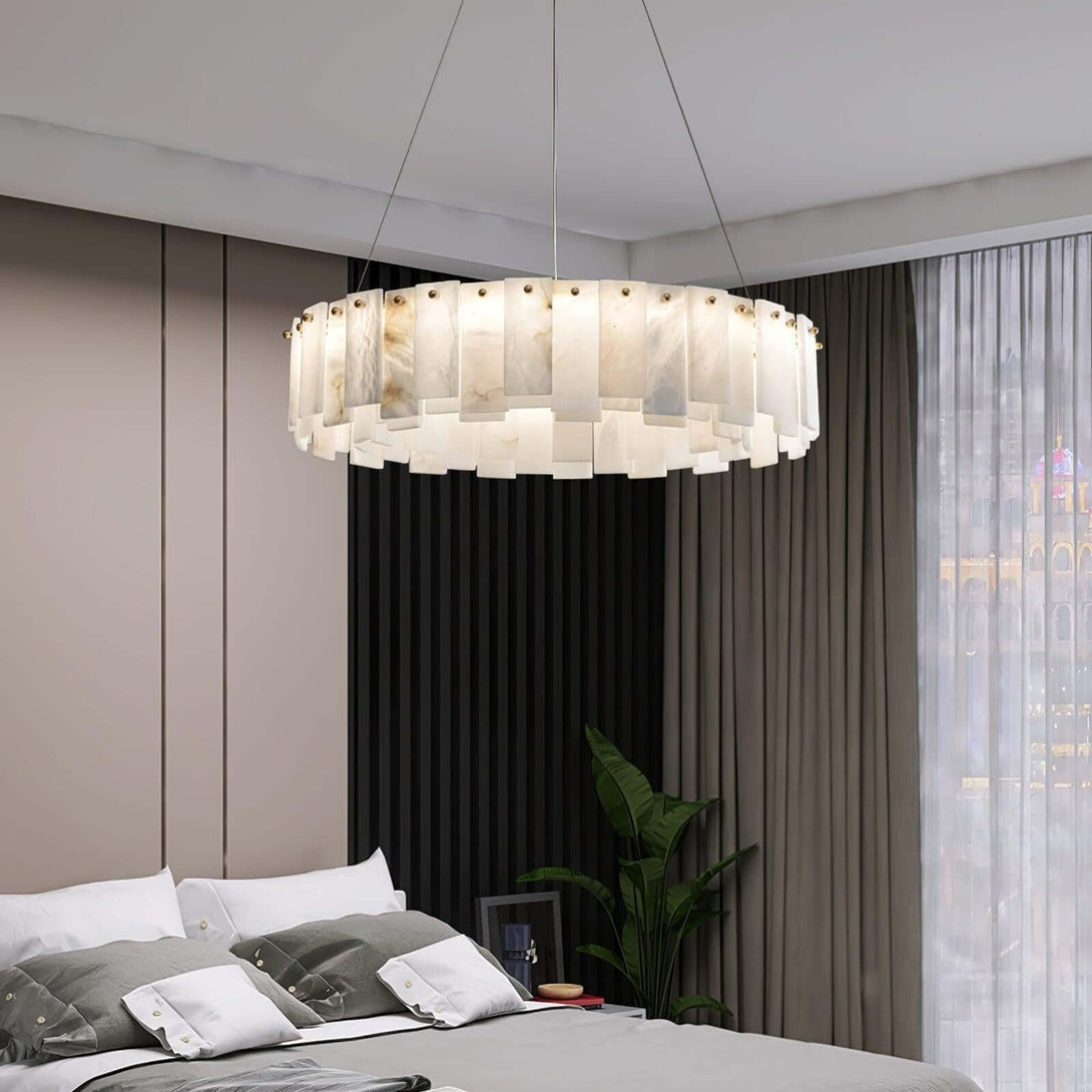 Zemora alabaster chandelier in a modern bedroom setting with mid-century design and elegant lighting.