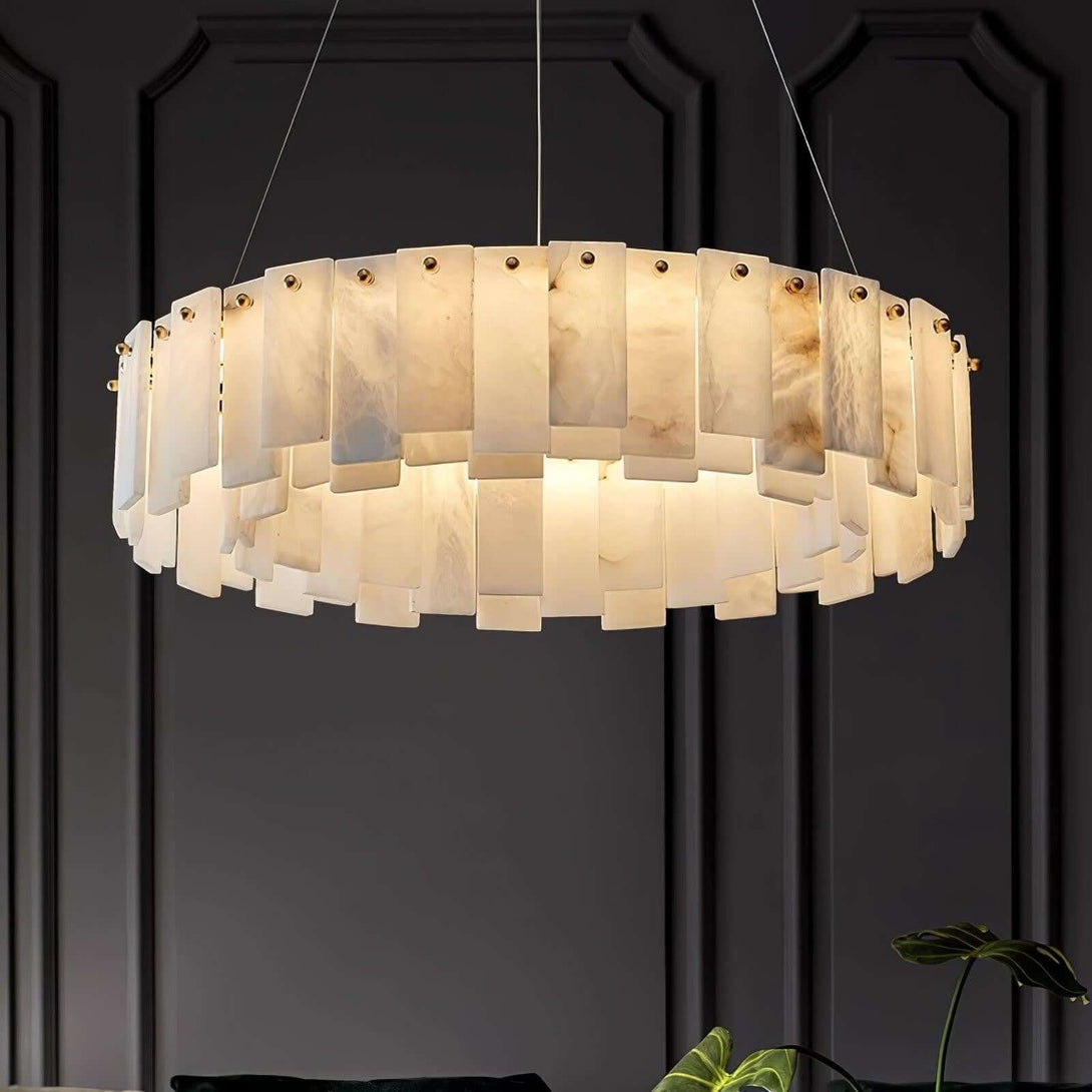 Zemora alabaster chandelier, round mid century modern lighting fixture, elegantly illuminated in a stylish interior.