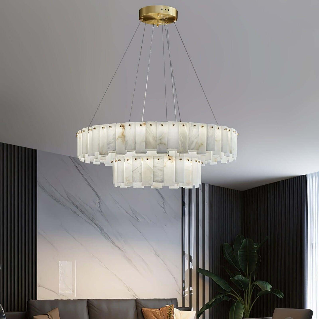 Zemora chandelier featuring alabaster and gold accents, perfect for mid-century modern and round lighting decor.