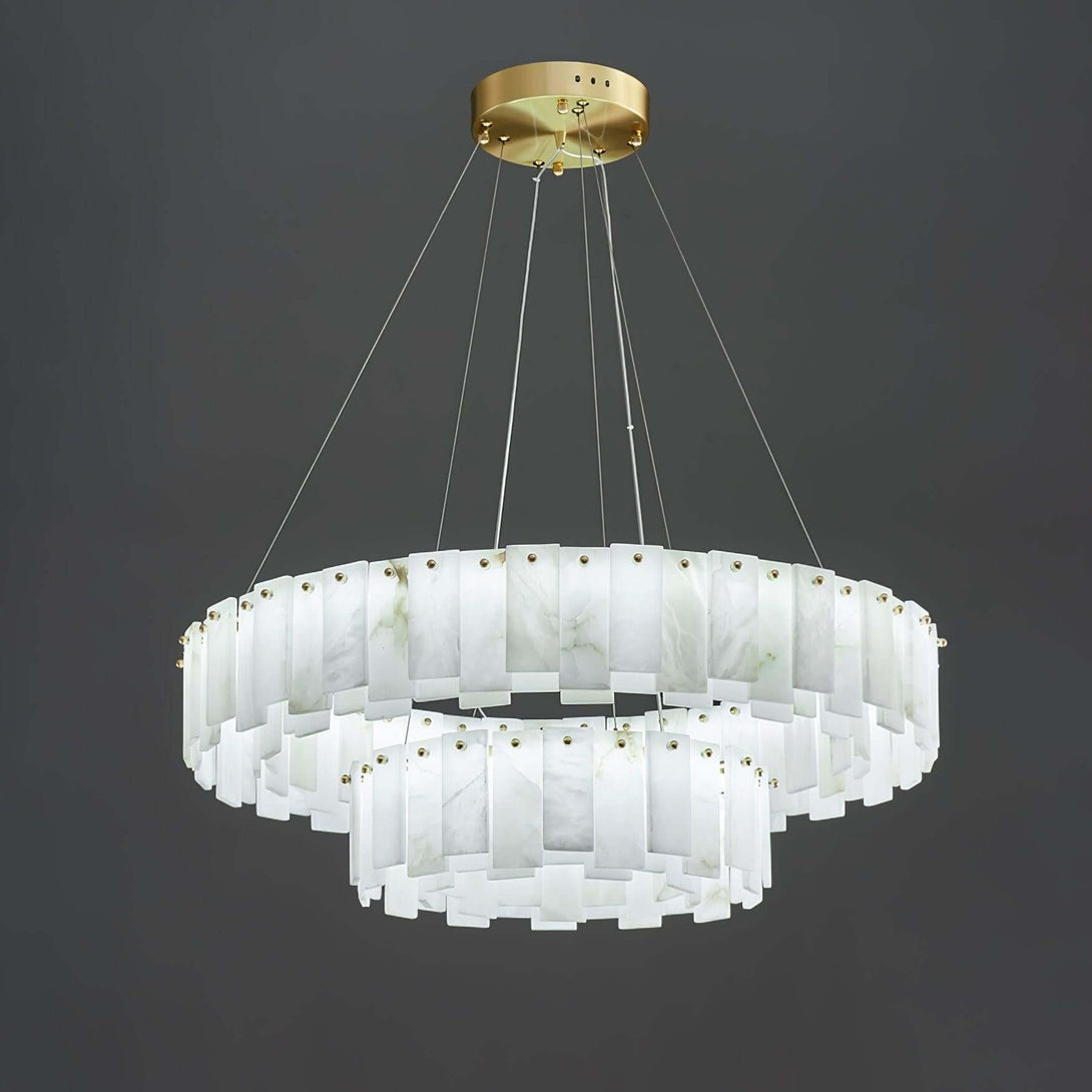 Zemora alabaster chandelier, round mid century modern lighting with two tiers, brass accents, elegant design.