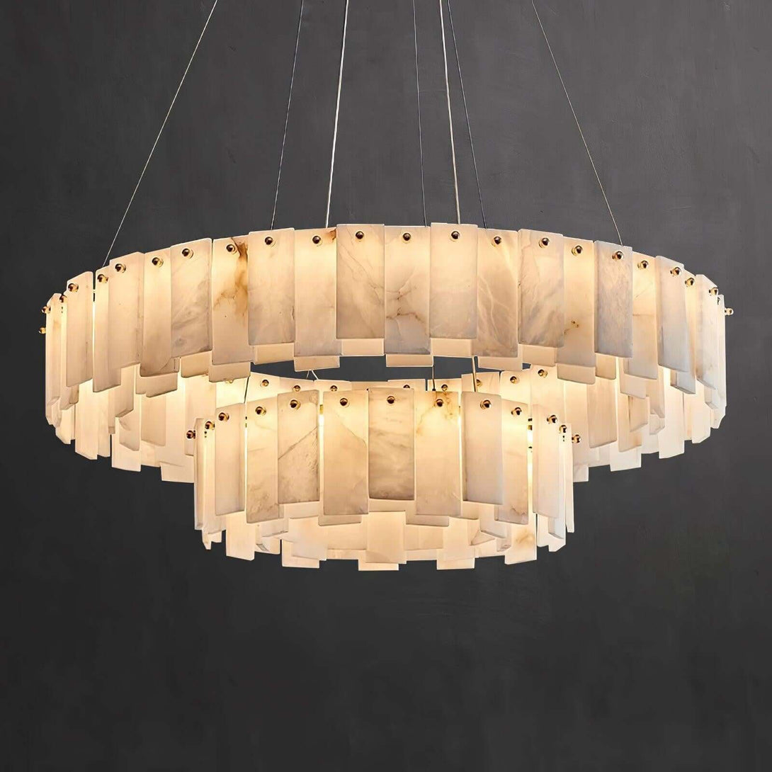 Zemora alabaster chandelier featuring a round, layered design in mid-century modern style.