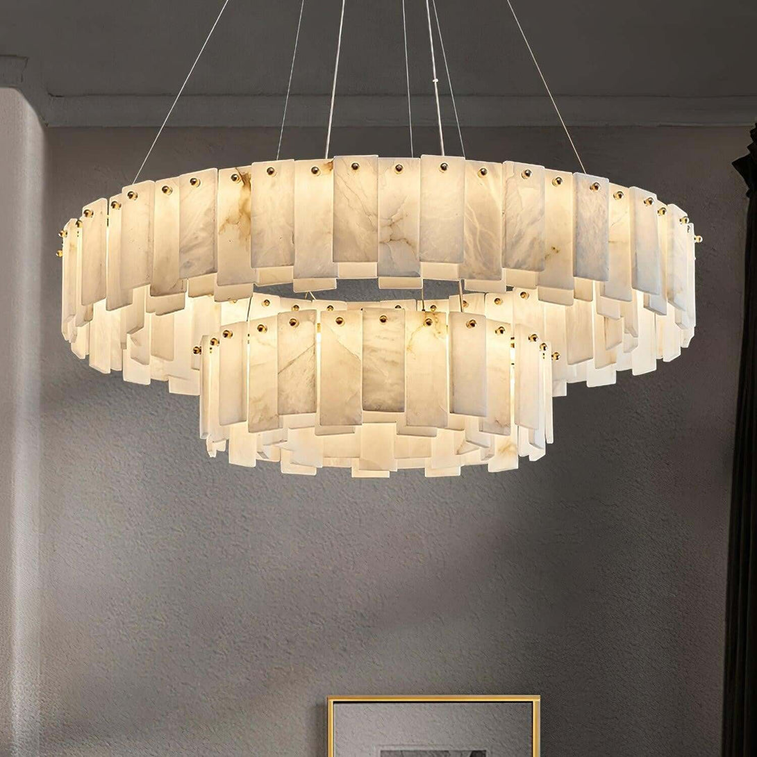 Zemora chandelier featuring alabaster panels and a mid-century modern design, available in various sizes.