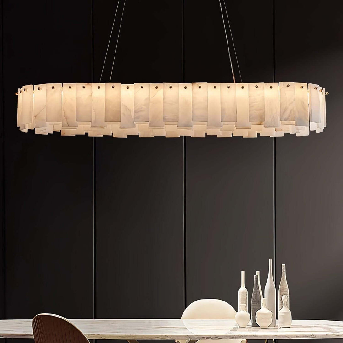 Zemora chandelier featuring a round alabaster design, ideal for mid-century modern lighting in dining spaces.
