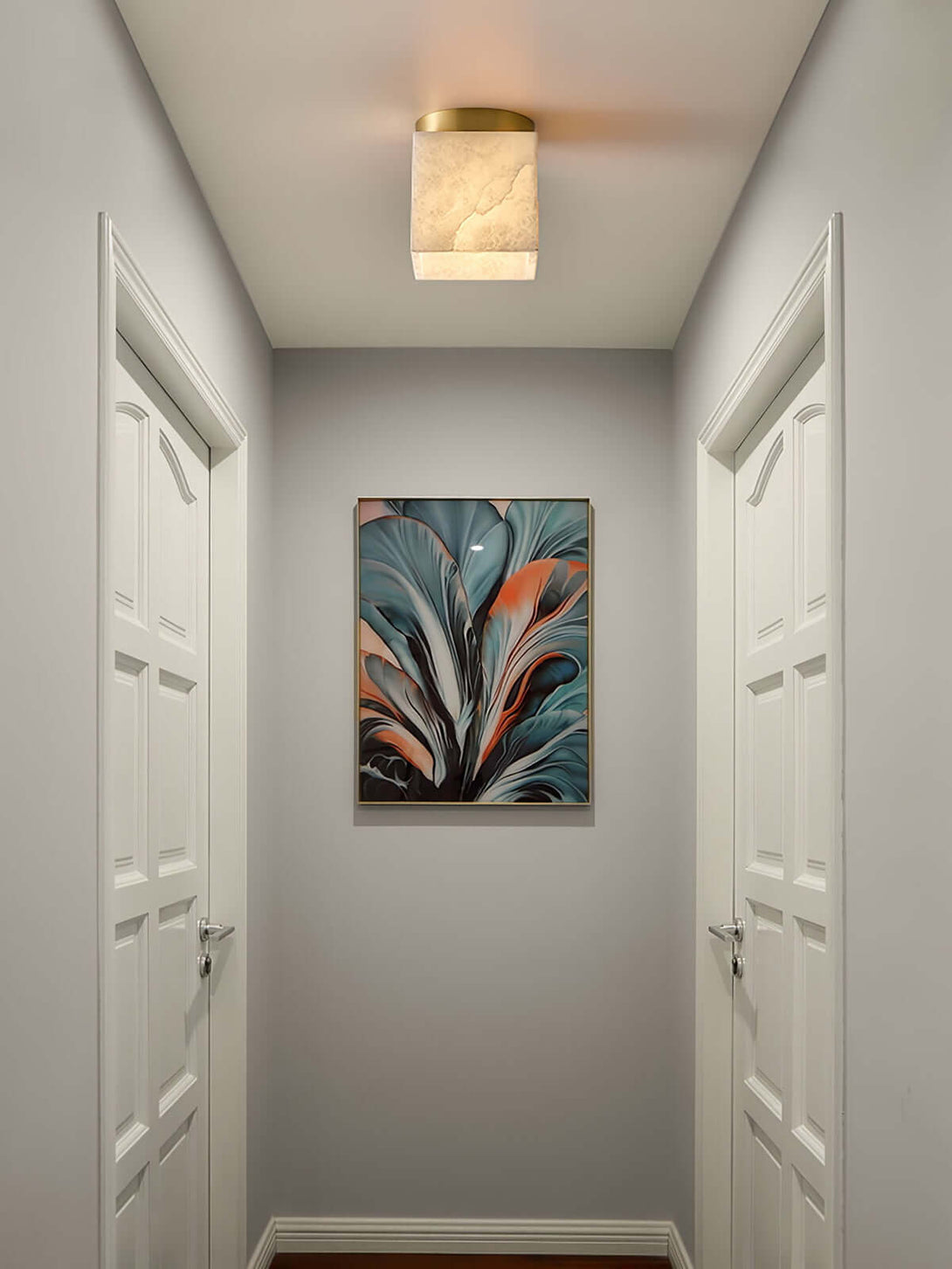 Stylish Zolume ceiling light in a hallway, perfect as small bathroom ceiling light fixtures. Art deco alabaster semi flush design.