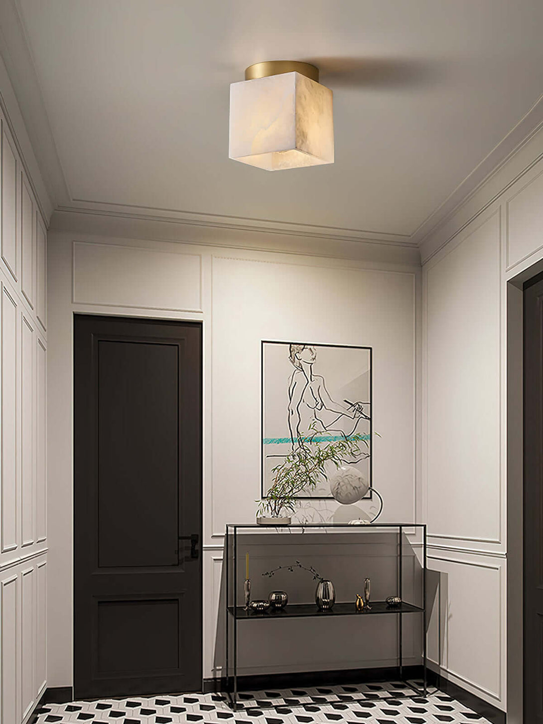 Zolume ceiling light in a modern hallway, showcasing art deco alabaster design for small bathroom or elegant spaces.
