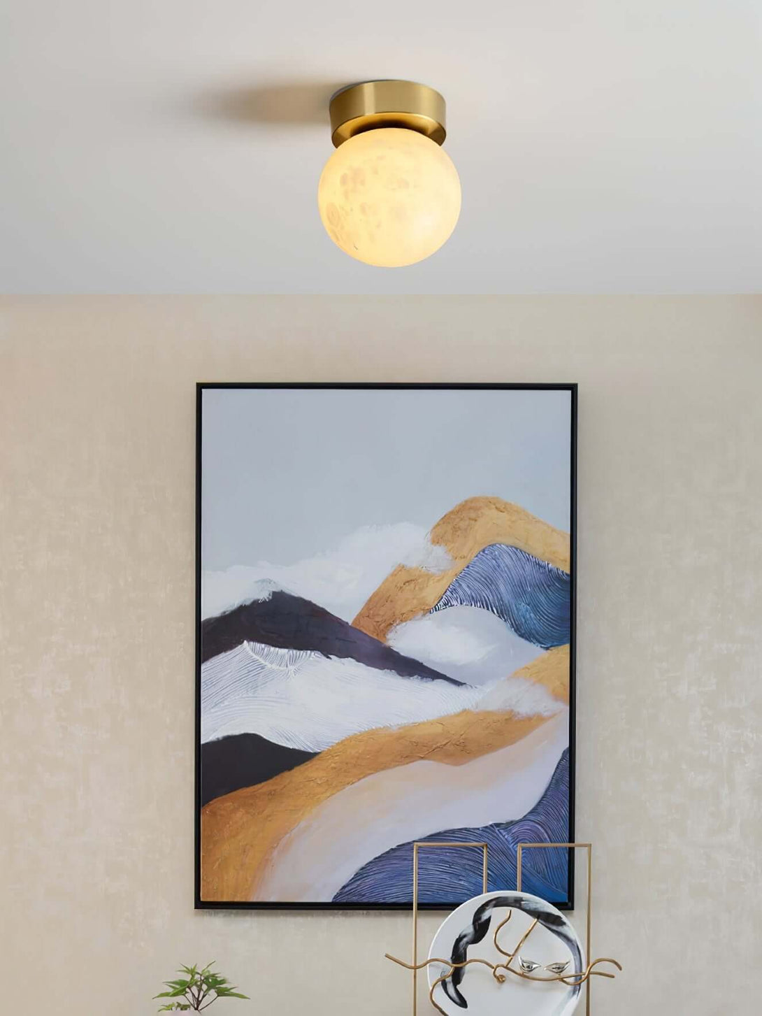 Zolume ceiling light in a small bathroom, showcasing art deco style and alabaster finish, enhancing interior decor.