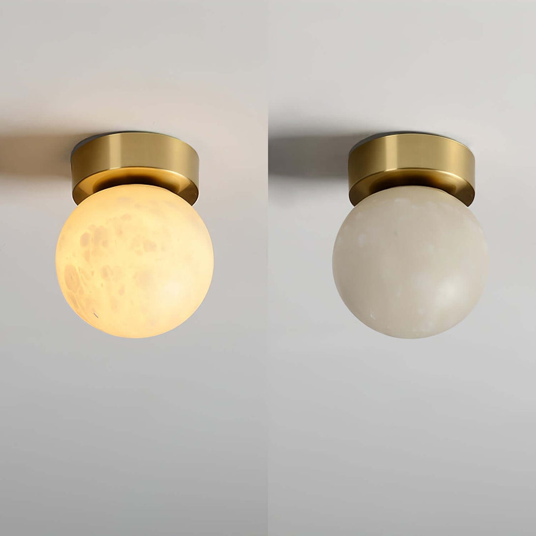 Zolume ceiling light featuring two shades, gold base, ideal for small bathroom, art deco style, alabaster finish.