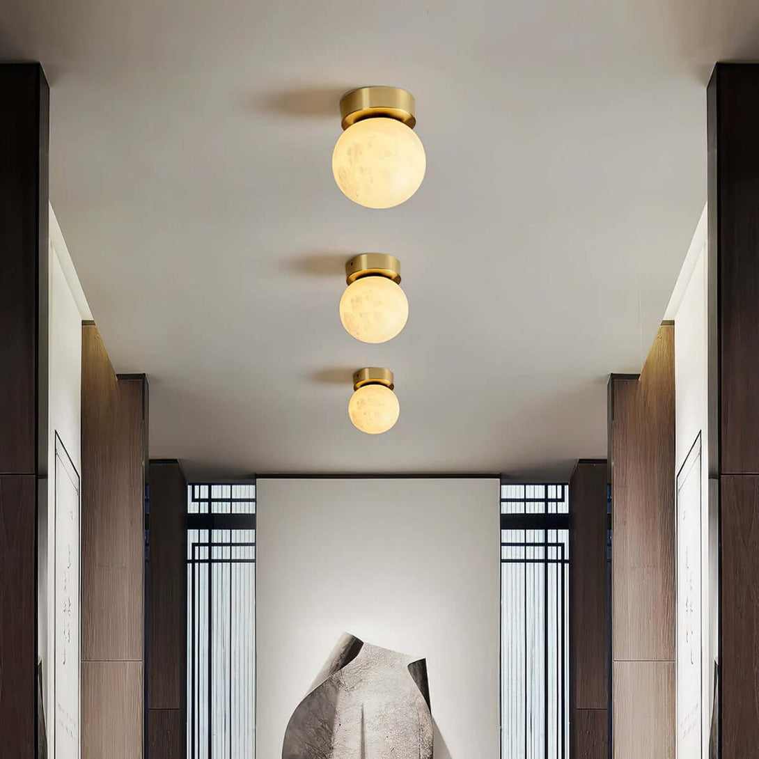 Zolume ceiling light in a modern hallway, featuring art deco design and alabaster semi-flush finish, ideal for small spaces.