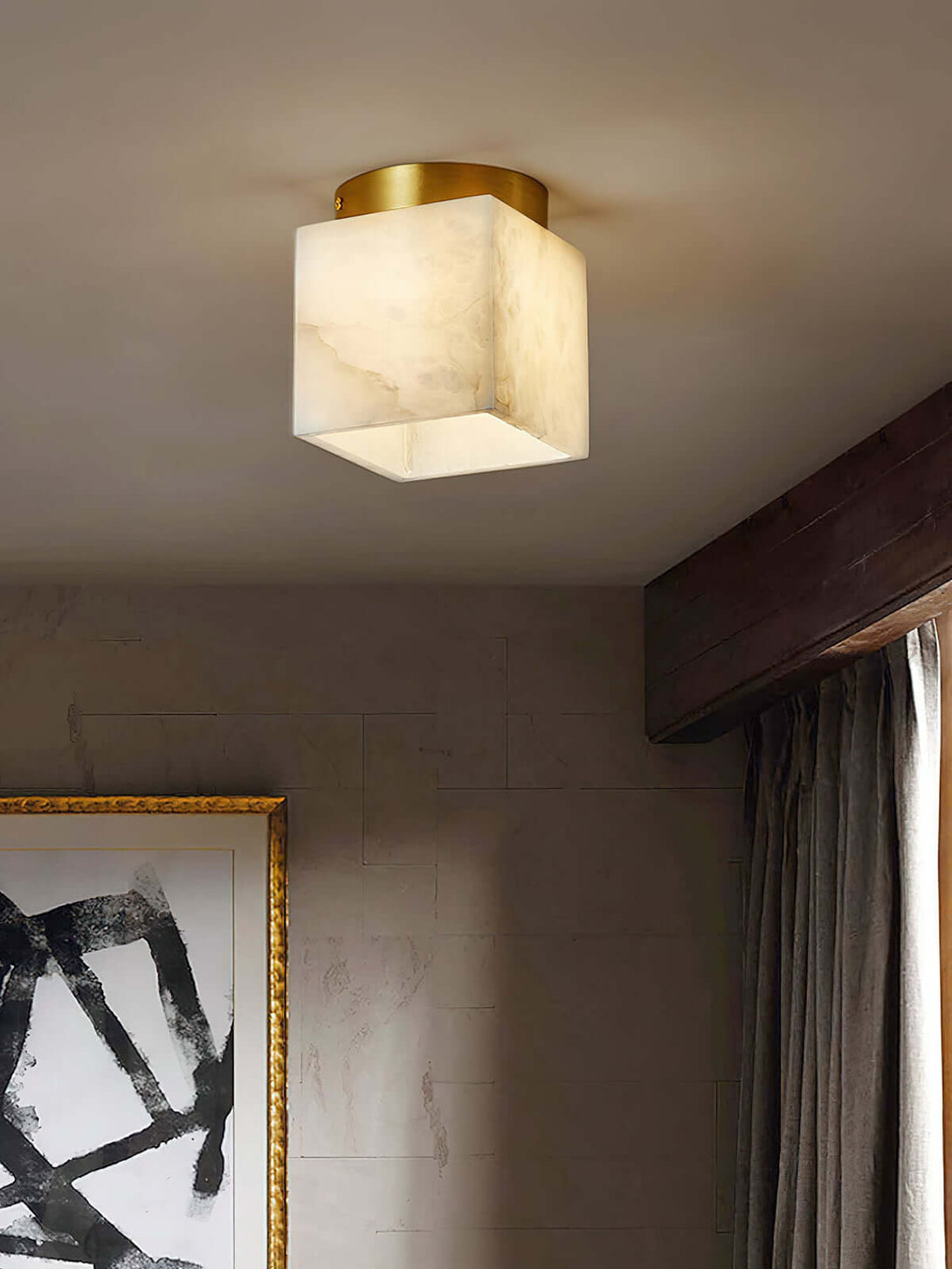 Zolume Ceiling Light in art deco design, alabaster semi flush for small bathroom ceiling light fixtures.