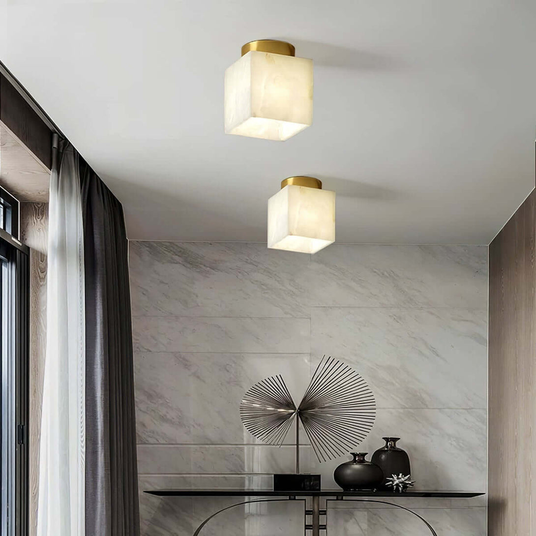 Zolume Ceiling Light: Small bathroom ceiling light fixtures in art deco style with alabaster semi flush design.