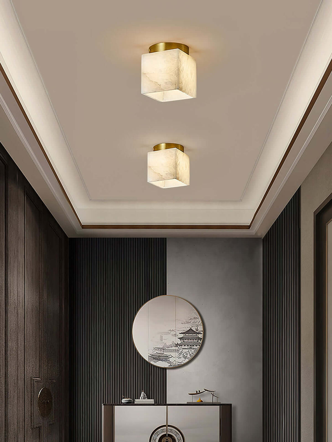 Art deco Zolume ceiling light fixtures in semi-flush design, perfect for small bathrooms, showcasing alabaster elegance.