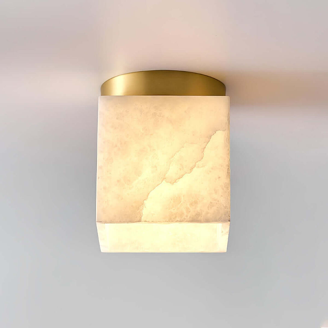 Zolume ceiling light fixture, small bathroom size, art deco design with alabaster shade and gold finish.