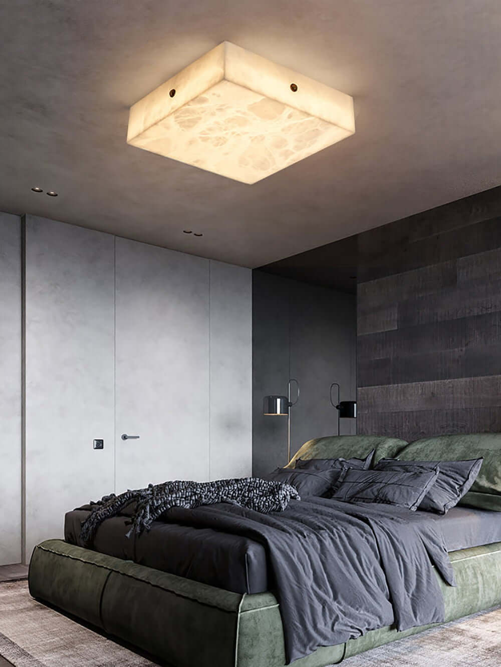 Zymero modern square alabaster flush mount ceiling light in a stylish bedroom setting.