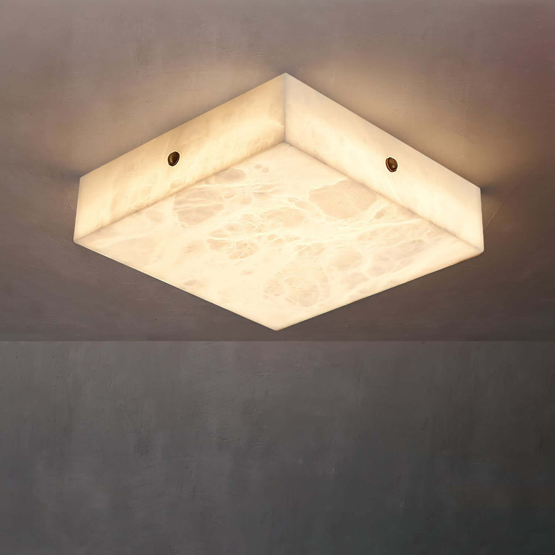 Zymero ceiling light in alabaster, square flush mount design, modern ceiling light that enhances contemporary spaces.