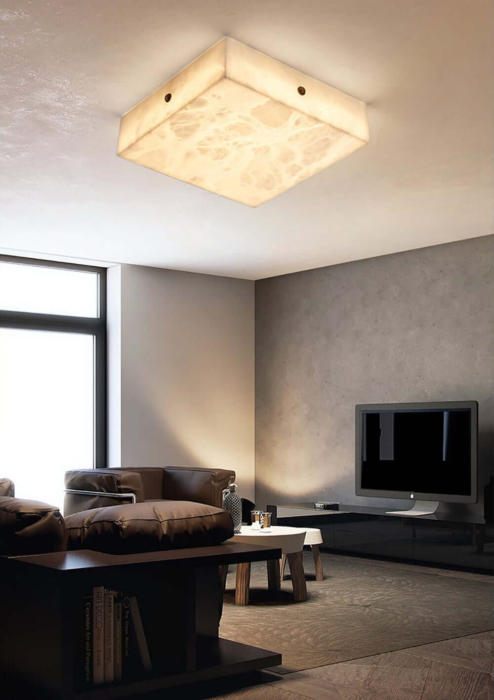 Zymero alabaster flush mount ceiling light in modern living room setting, enhancing interior decor with style.