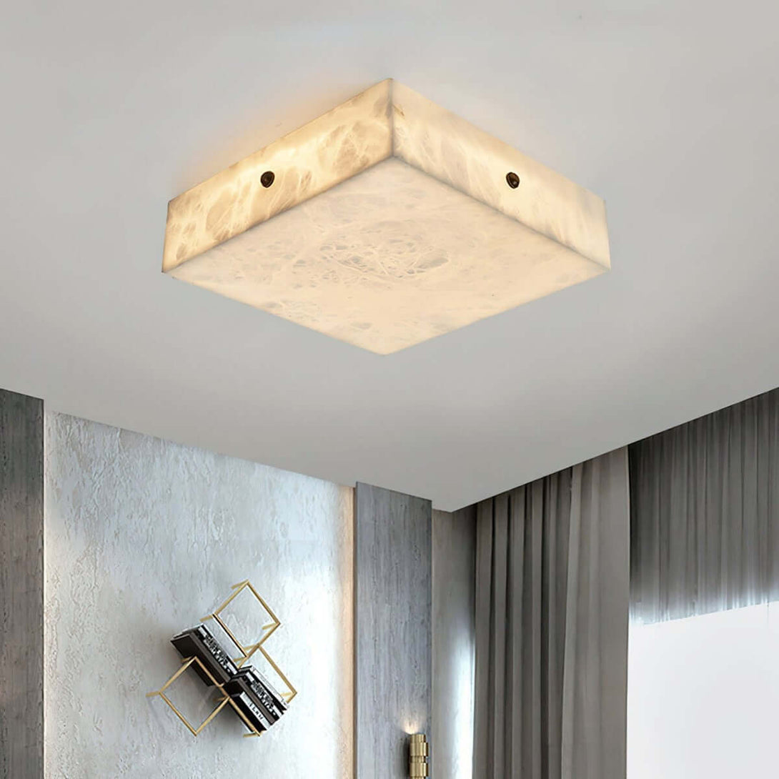 Modern alabaster flush mount ceiling light in square design, enhancing home decor with stylish illumination.
