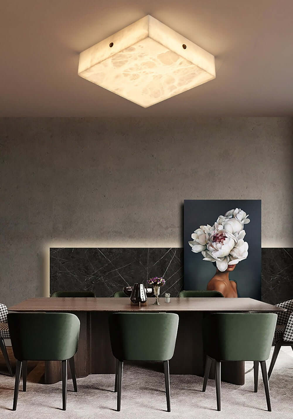 Zymero alabaster flush mount ceiling light illuminating a modern dining area with stylish green chairs.