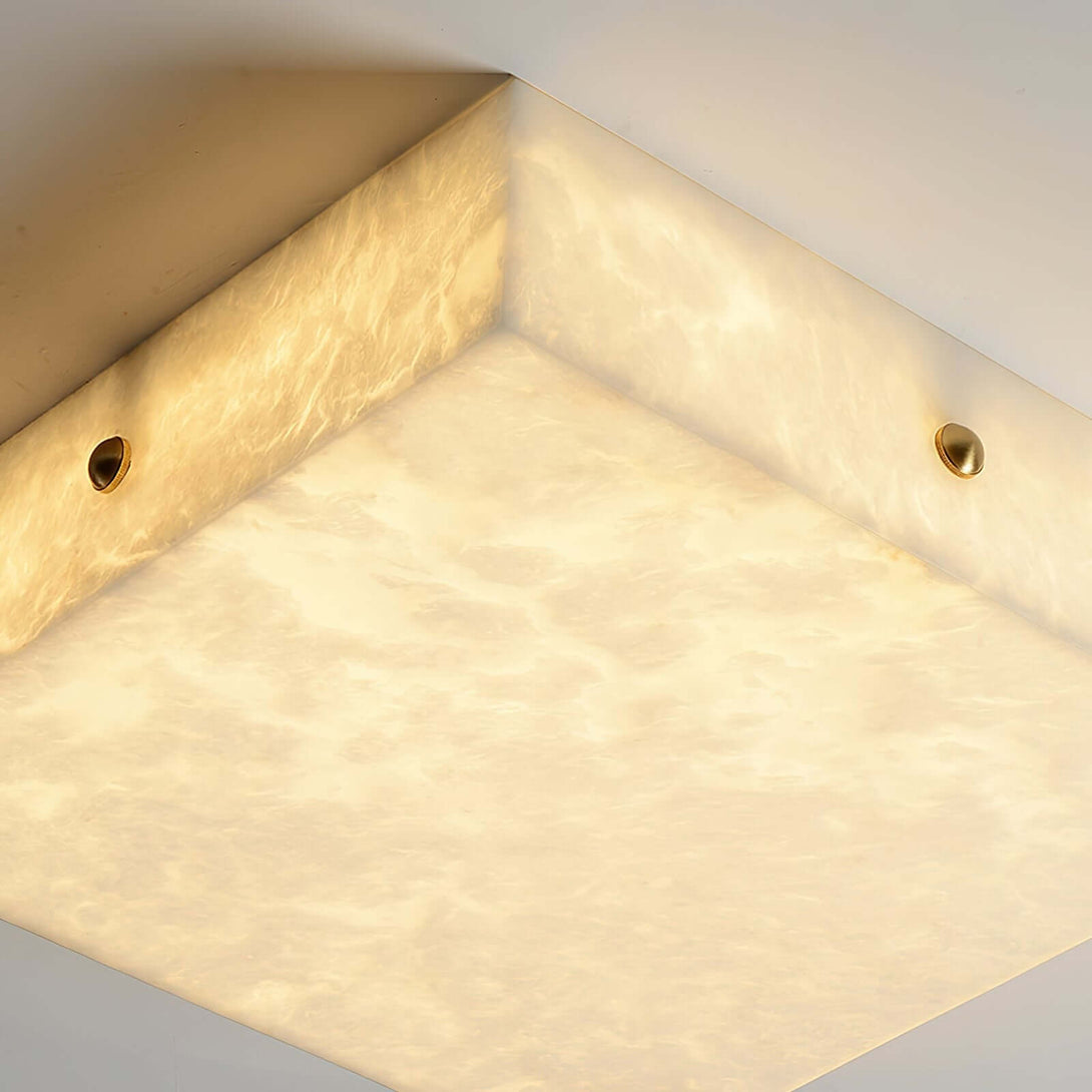 Zymero ceiling light with alabaster finish, modern square flush mount design, perfect for contemporary spaces.
