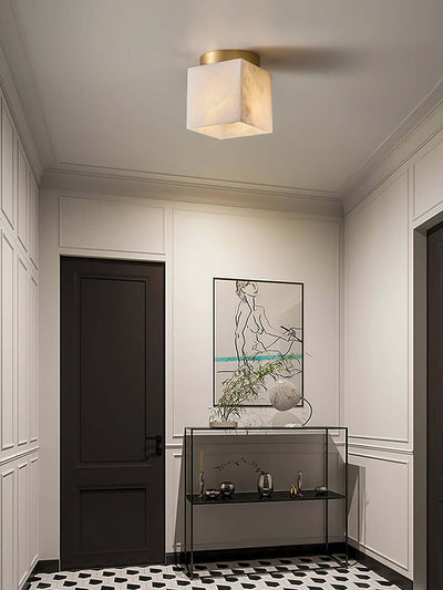 Zolume ceiling light in a modern hallway, showcasing art deco alabaster design for small bathroom or elegant spaces.