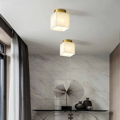 Zolume Ceiling Light: Small bathroom ceiling light fixtures in art deco style with alabaster semi flush design.