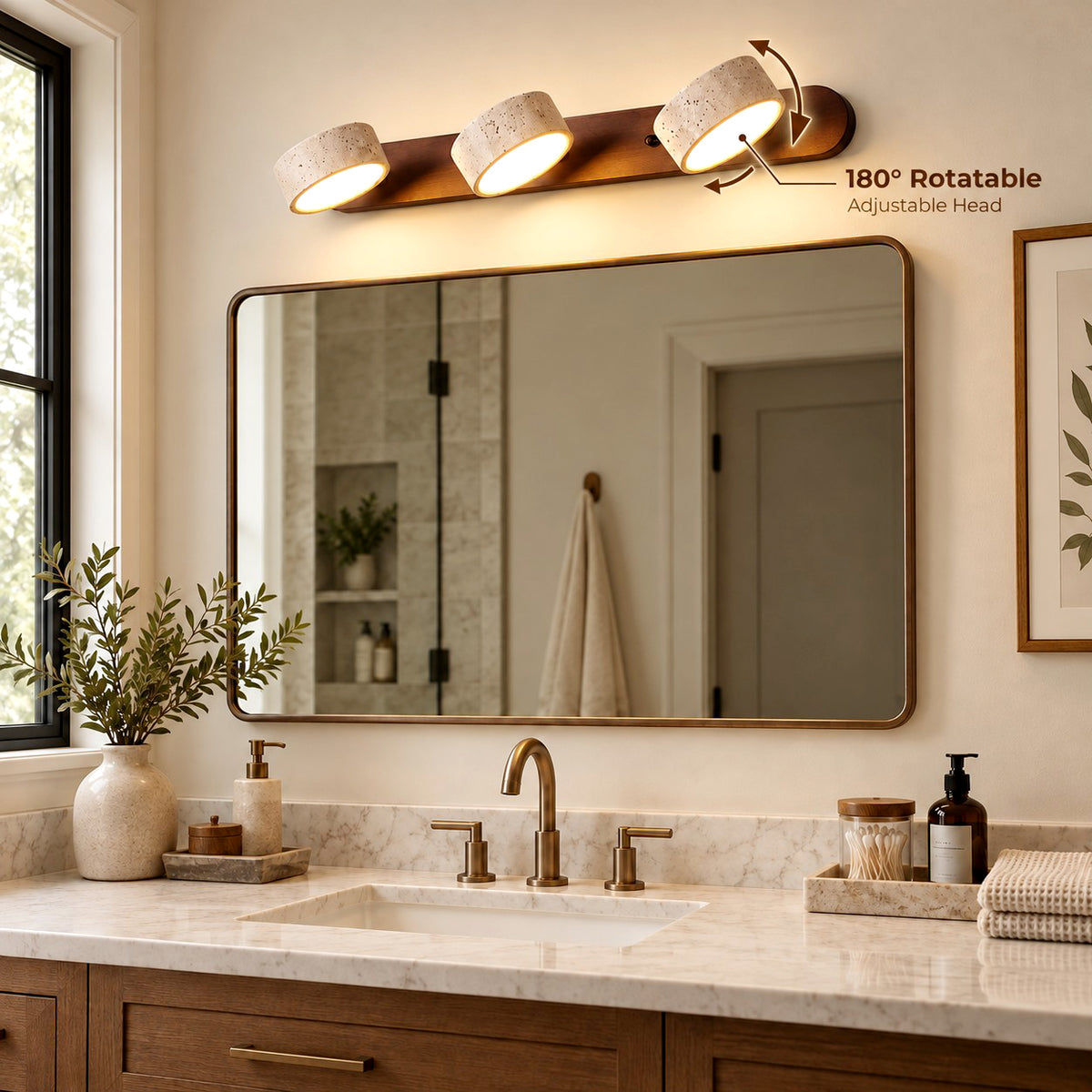 Avenor three-light travertine vanity light in a walnut finish above an arched bathroom mirror and dark wood vanity.