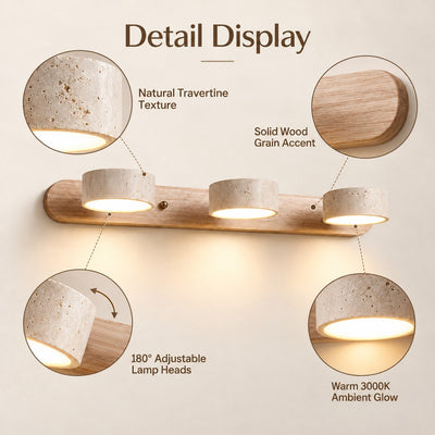 Avenor travertine vanity light in Walnut and Wood finishes, shown with the lights off and on in a four-panel comparison.