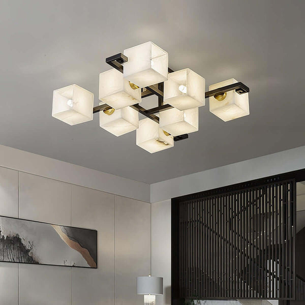 Veyron Ceiling Light | Alabaster Semi Flush & Brass Ceiling Light
