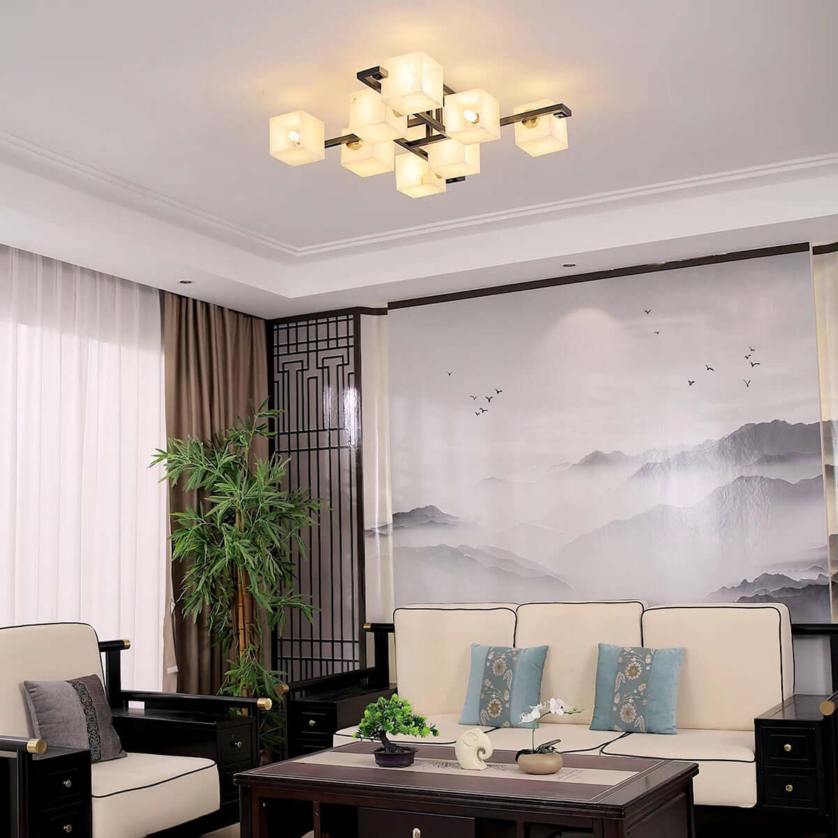 Veyron Ceiling Light | Alabaster Semi Flush & Brass Ceiling Light