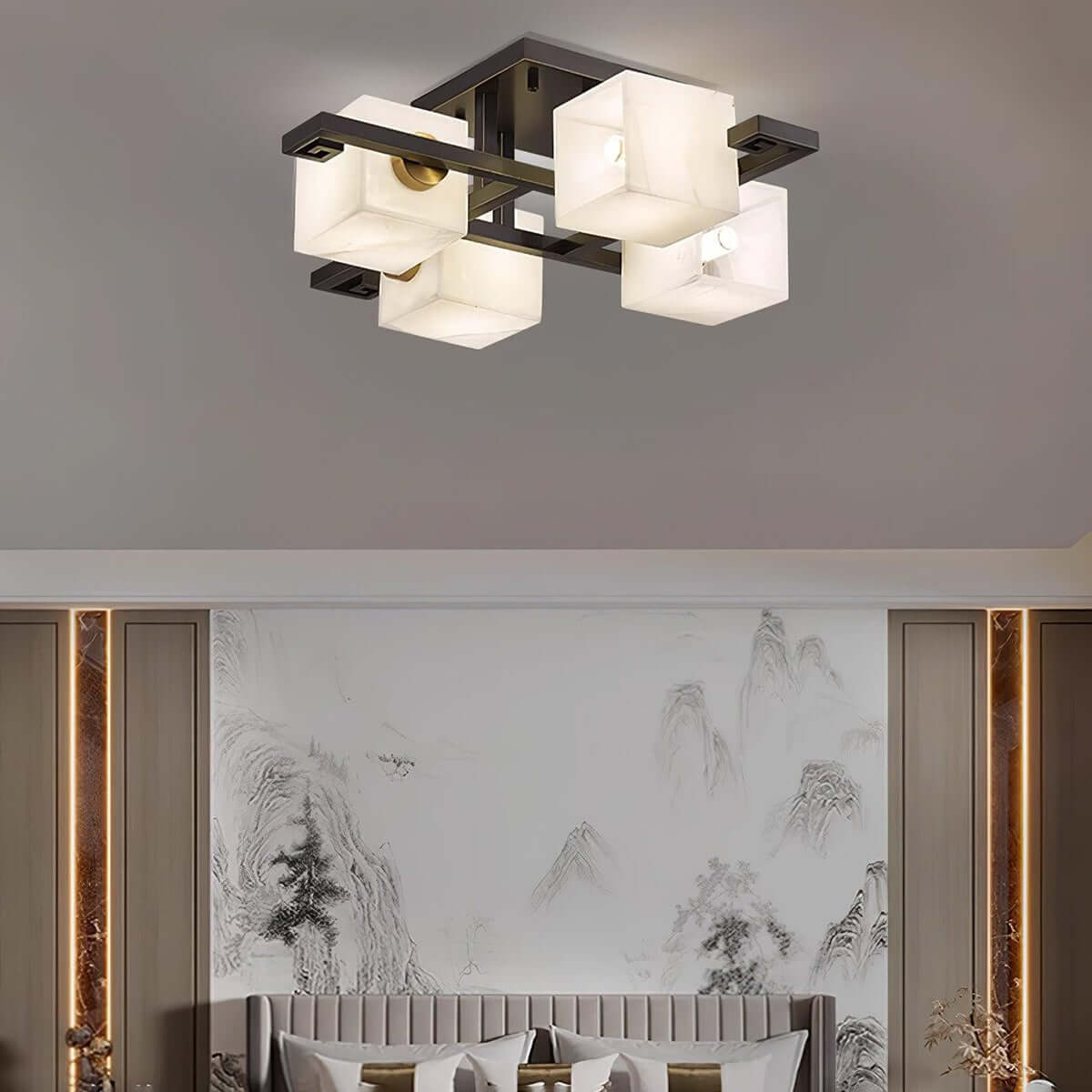 Veyron Ceiling Light | Alabaster Semi Flush & Brass Ceiling Light